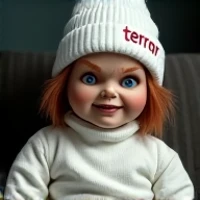  Chucky with a white wool cap that says terror with Chucky,  sitting where I make fakiu ,  with both hands in a white turtleneck sweater ,  as realistic and terrific as possible , For TikToks profile picture 