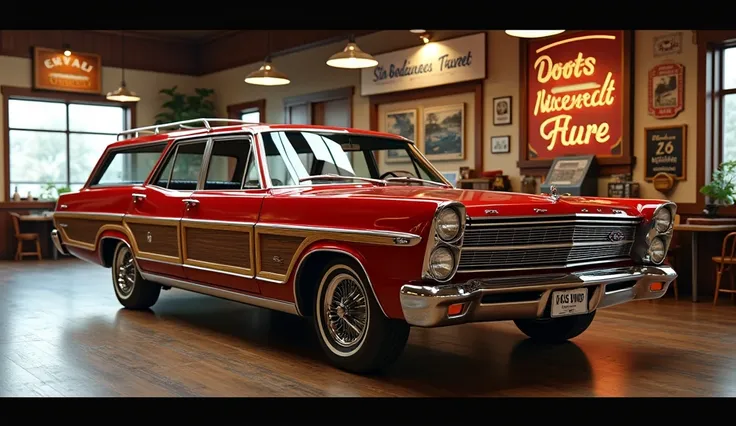 Here is the image of the 1967 Ford Country Squire in a retro showroom setting. Let me know if youd like any adjustments or additional details!The car shining Red