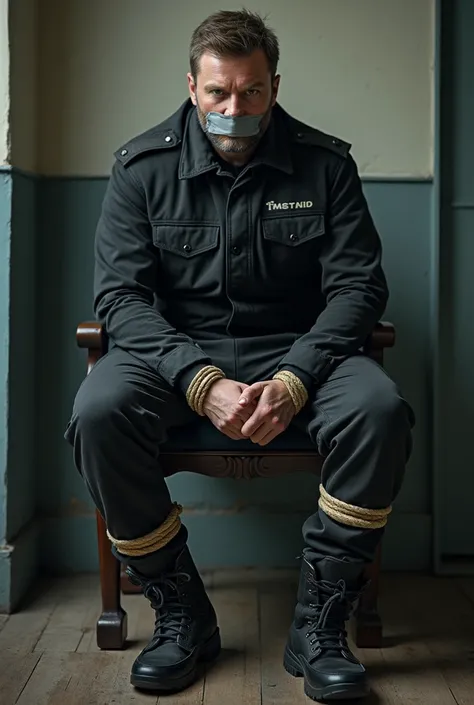 European security guard, a short beard and hair, dressed black tactical boots, is bound from his legs to the chairlegs and hands behind his back to the chair with rope and mouth is tighly taped shut with a gray tape. 