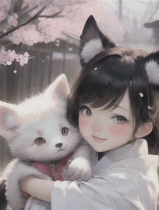 masterpiece、Illustration， best quality，8ｋ、 Very detailed，cute、Baby kitsune，Being hugged by a girl、In the cherry blossom blizzard