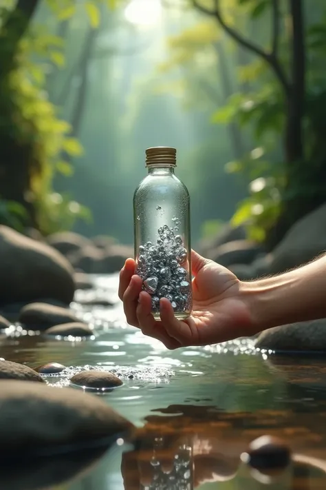 Create a brown male hand holding a pet mineral water bottle with lots of silver jokes inside against the bottom of a stream with rocks and rainforest.