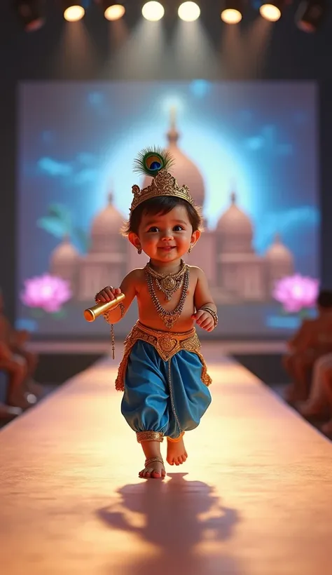 Baby in Hinduism Costume: A smiling baby confidently walking on a lit runway, dressed as the god Krishna, with a peacock feather crown, a golden flute in hand, and traditional blue and gold clothing. In the background, projections of Hindu temples and lotu...