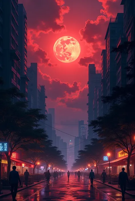 Hong Kong at night, Red sky, black clouds, full moon, realistic. 