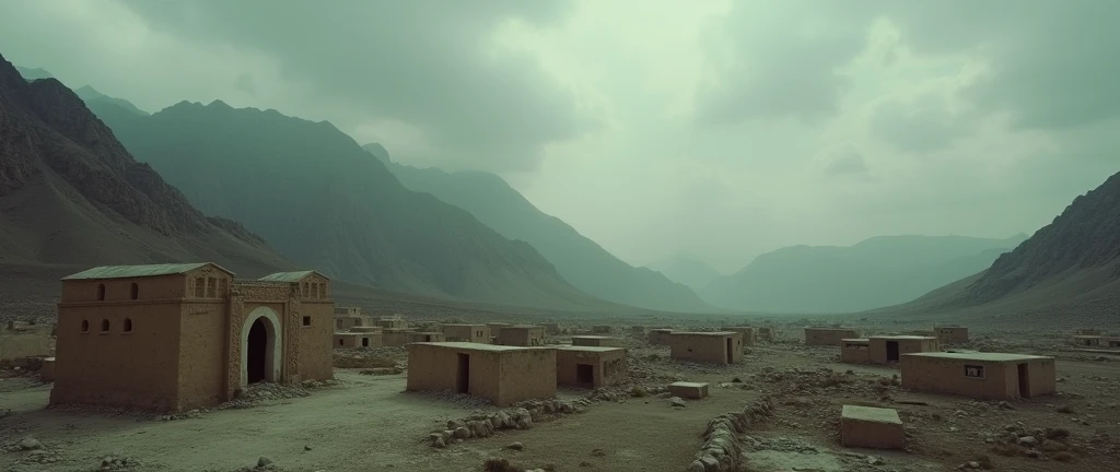 "A dark, cinematic background featuring a rugged, mountainous Afghan landscape under a cloudy, moody sky. In the foreground, depict a blend of traditional Afghan architecture, faded imagery of political unrest, and subtle visual elements like old maps or d...