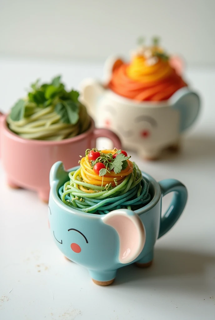 FOOD-COLORED NOODLES PUT IN ELEPHANT CUPS