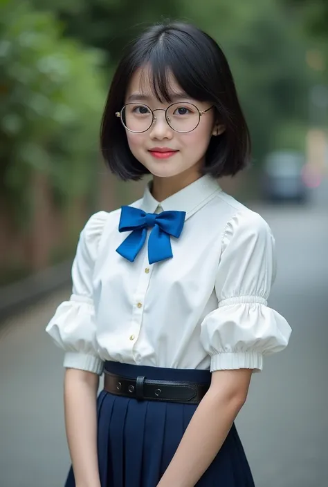 masterpiece, Canon eos photography, Masterpiece, 8k.uhd., Thai young girl., , short hair, wearing round glass, ริมฝีปากเซ็กซี่, wearing White blouse, short sleeves, pleated cuffs, pointed collar, blue bow tie collar. Wear a dark blue pleated skirt. wear a ...