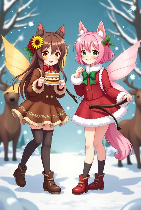 two anime adult fairies. one has brown hair with yellow eyes and a sunflower in her hair and one has pink hair, green eyes and has dog ears and a puppy tail.  one fairy is holding a cake and the other is holding a hunting bow and arrow in her hand . they’r...