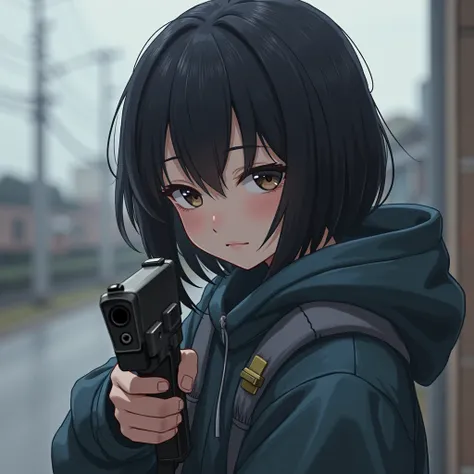  live action with the gun you own、Genuine、 Beautiful Japanese Women 、Alone、depression、 black hair、  straight hair 、 Mountain Hoodie