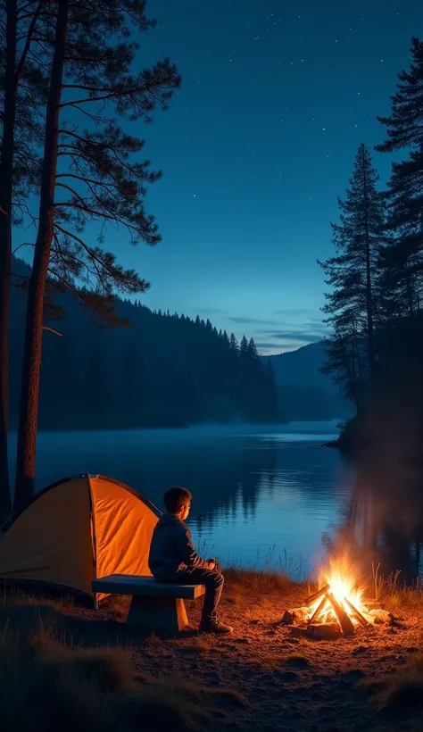 A realistic nature scene at night with a young boy sitting on a bench near a riverbank. He is camping, with a tent set up nearby and a bonfire crackling beside him. The fire casts a warm glow against the dark night, and the river gently flows under a starr...