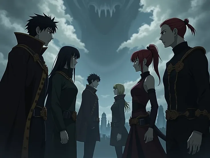 3 men and 2 women from epic dark anime saying hello