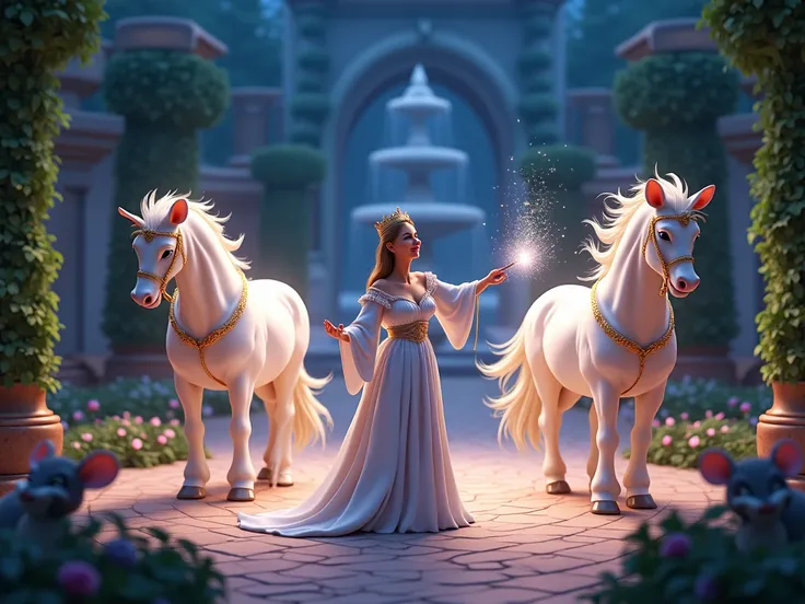 The Fairy Godmother waves her wand, Mice transform into elegant white horses. for grand royal ball 3d animation disney inspired