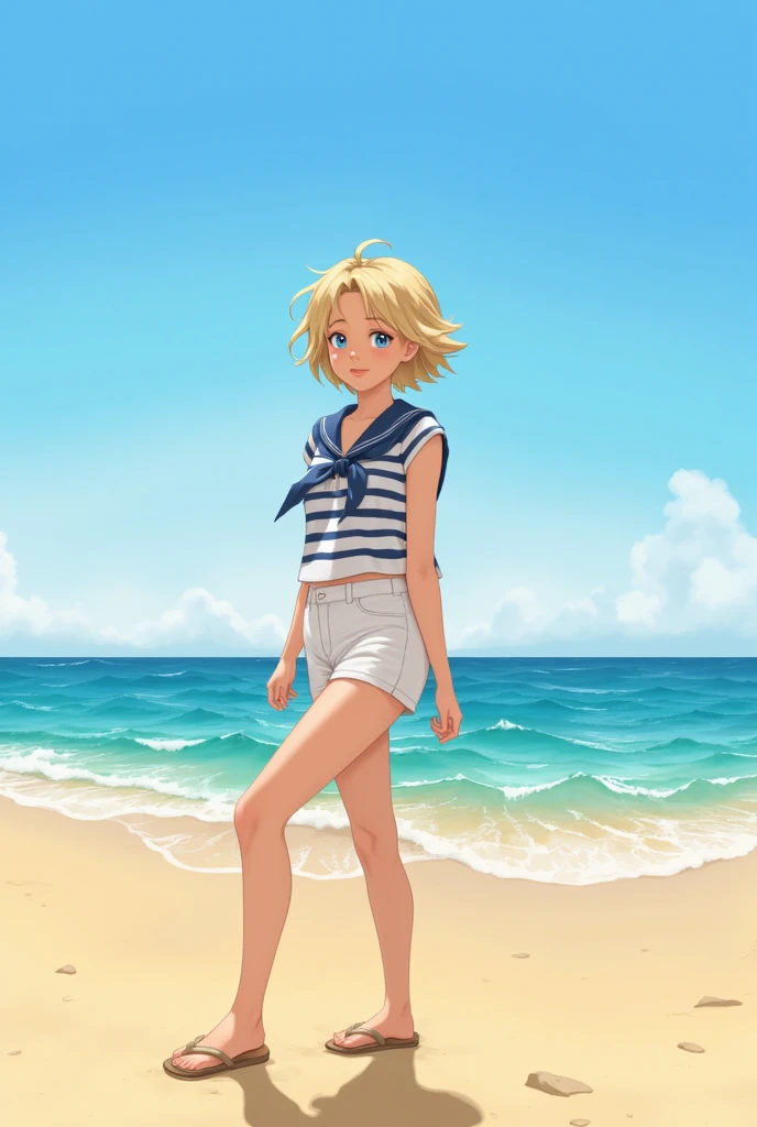 A girl with short blonde hair, wearing a striped sailor top, white shorts, and flip-flops, standing on a beach with the sea behind her.