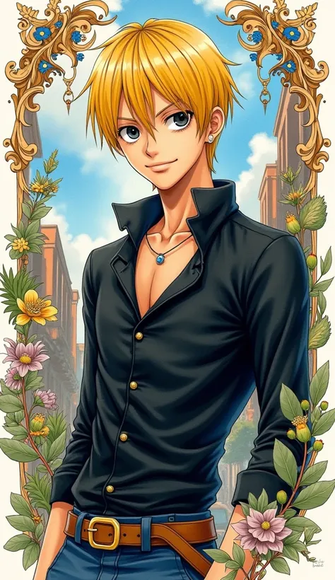 watercolor (Moderate), (highest quality, masterpiece:1.3) 1man, sanji in anime one piece, short hair , yellow hair, black eyes, handsome, black clothes, realistic clothes, detail clothes, city background, ultra detail, Fractal Art,Card DesignCursive Text,,...