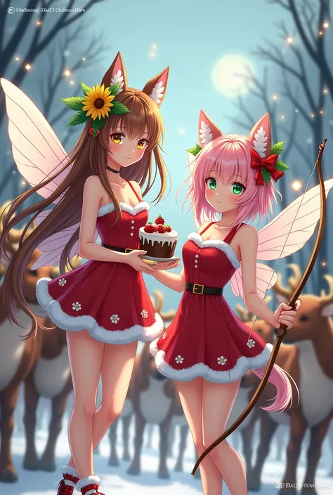 two anime adult fairies. one has brown hair with yellow eyes and a sunflower in her hair and one has pink hair, green eyes and has dog ears and a puppy tail.  one fairy is holding a cake and the other is holding a bow and arrow in her hands. they’re in a c...