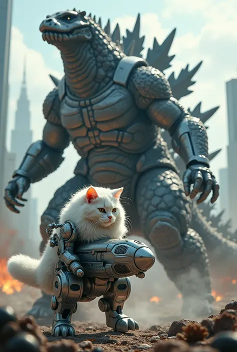 White cat with huge mecha suit vs Godzilla 