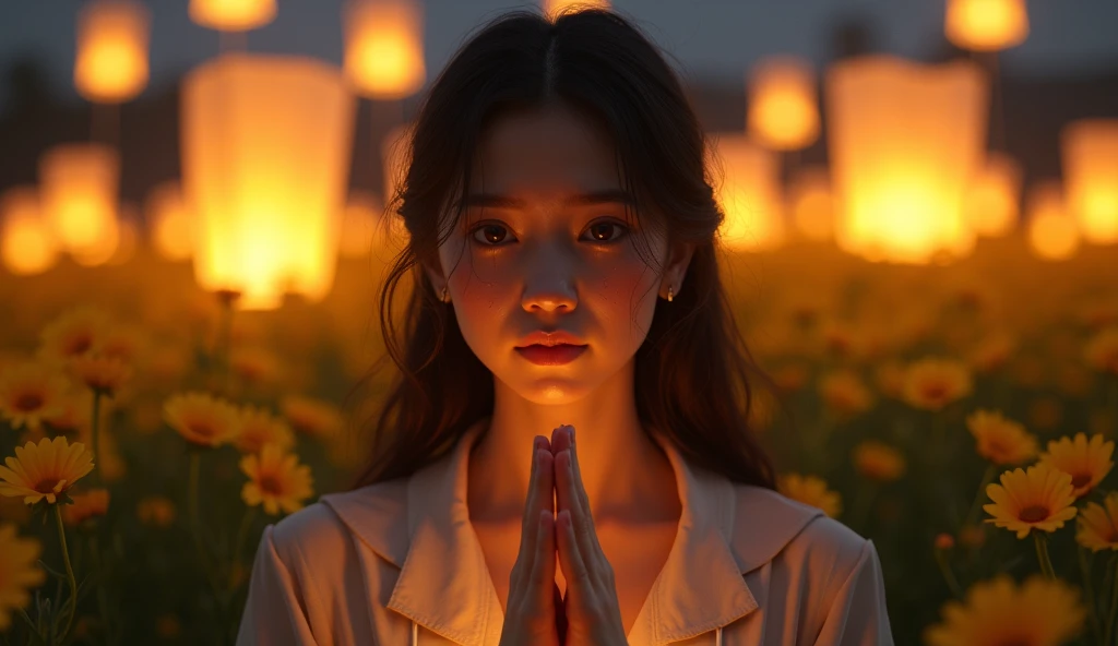 (photorealism:1.2), A beautiful 21yo american girl with a religious appearance, feeling sad while praying and elegantly wrapping around her hands in a prayer position, hands raised in worship, tears glistening on her cheeks in night field of higland yellow...