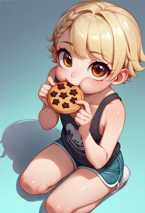 a girl, short hair, short flowing blonde hair, wearing tank top, short pants, exposed thighs, topless, cute, cute anime girl, brown eyes, loli sitting posture, loli girl, loli drawing cute, beautiful, squatting, sitting with legs closed, puffed cheeks, han...