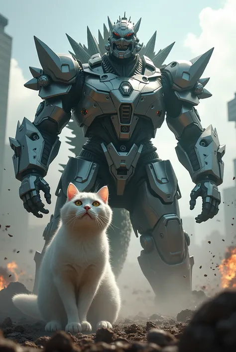 White cat with huge mecha suit vs Godzilla 