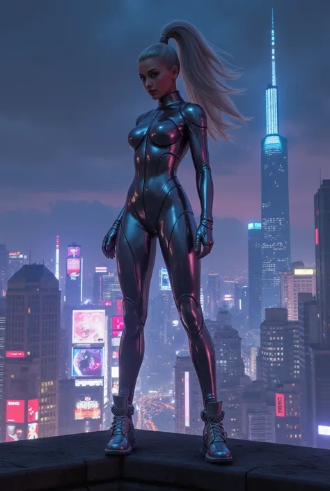 A girl with long silver hair in a high ponytail, wearing a futuristic metallic jumpsuit and silver boots, standing on a city rooftop at night.