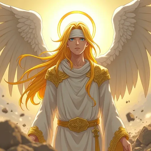 The guy is an angel with white and yellow long hair. His eyes are covered with a white bandage, on this bandage there are blue eyes. He is dressed in a white robe with very long sleeves and with golden patterns, above his head are golden halos. Behind him ...