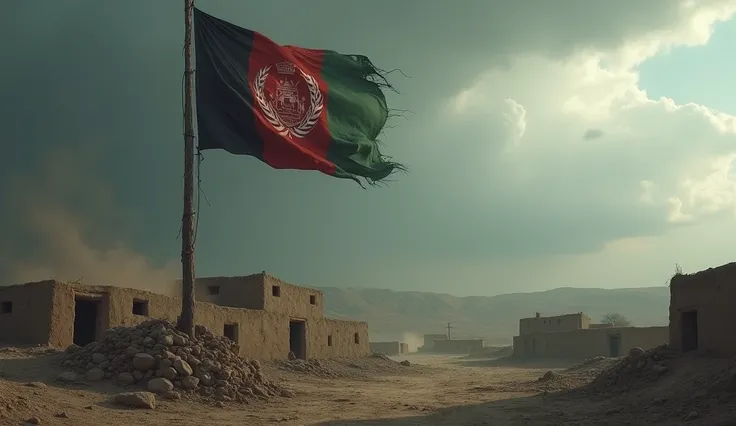 A symbolic representation of Afghanistans political and social tension: a barren landscape with rugged terrain, traditional Afghan mud houses in ruins, and a large, weathered flagpole without a flag. In the distance, storm clouds gather, adding to the omin...