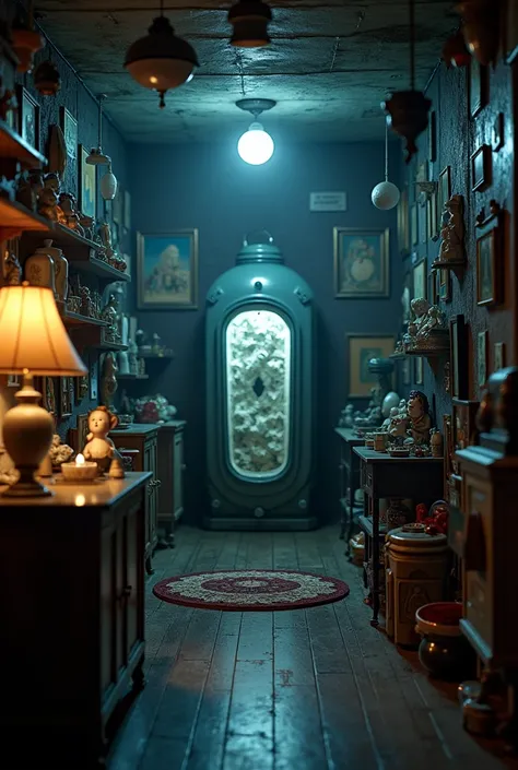 A dark room with vintage Disney memorabilia, focusing on a cryogenic pod in the center. The atmosphere combines nostalgia and futuristic mystery."
