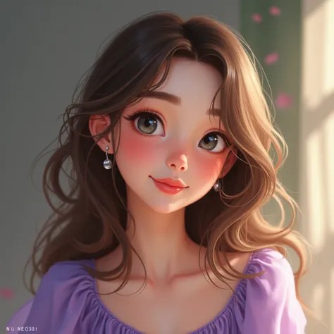  of s, white skin ,gray eyes and long eyelashes , arched eyebrows , light brown hair with marked loops ,wide smile, small round nose , with purple dress and white sneakers