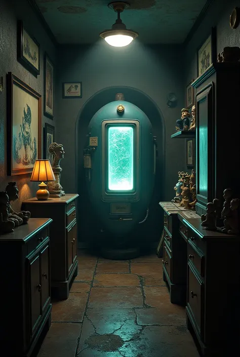 A dark room with vintage Disney memorabilia, focusing on a cryogenic pod in the center. The atmosphere combines nostalgia and futuristic mystery."
