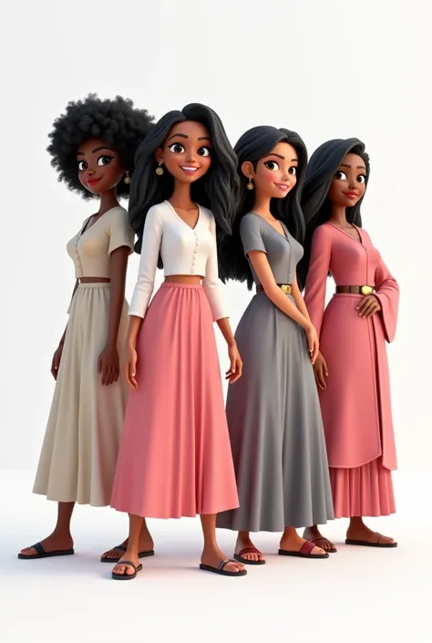 3D cartoon 4 south indian womans, 2 is black skin tone, 2 is Creamy skin tone, one black girl has curly hair and other black girl  has straight hair. Black girls in modern full cover dress. Creamy girls in salwar.they are standing like avangers. White back...