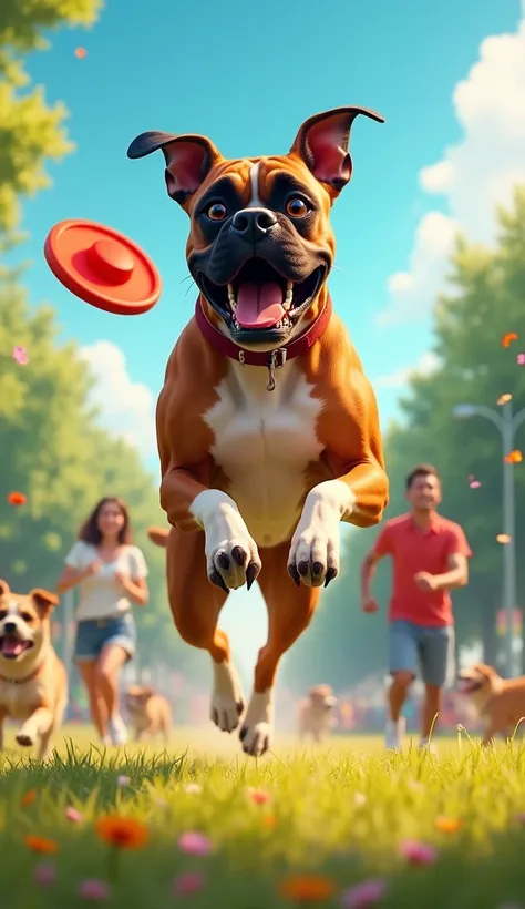 Rocky is mid-leap in a dynamic action scene, chasing after a frisbee thrown by his human. He’s in a colorful park, surrounded by excited ren and other dogs. His ears flap in the wind as he bounds through the air, showcasing his impressive athleticism and p...