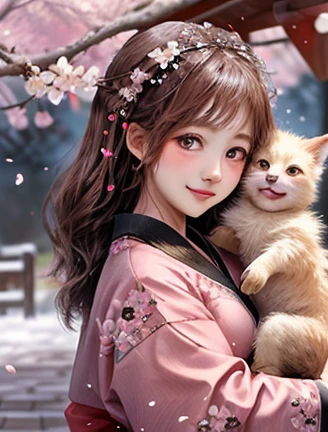 masterpiece、Illustration，cute、Baby kitsune，Being hugged by a girl、In the cherry blossom blizzard， best quality，8ｋ、 Very detailed，