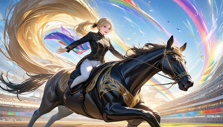 A beautiful girl with a serious expression and striking blue eyes, riding a majestic black horse in full gallop across a vibrant horse racing track. The girl has long blonde hair tied in a sleek ponytail and wears a stylish equestrian outfit with intricate...