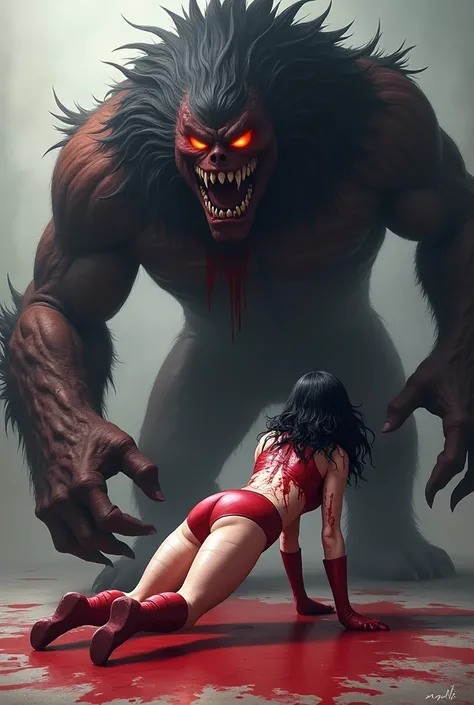 A big monster is attacking a woman、Im hitting a woman、Falling down right in front of a boy、 black long hair 、 sweaty、 cosplay of a supergirl 、Im wearing short shorts、 long boots、Blood all over her body 、Wearing bandages、Has a painful expression、