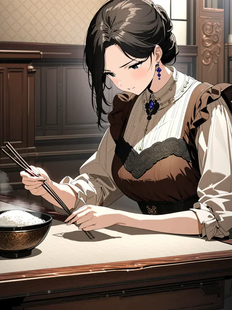 1 gril, one chopstick, a bowl with rice in it, Western-style aristocratic dress, a luxurious Western-style mansion, luxurious Western-style furniture, a large table, a room,,masterpiece, best quality, very aesthetic, absurdres