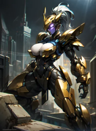 night gotham rooftop urban agglomeration's advanced artificial intelligence sexy machine butterfly queen mecha，equipped with a h...