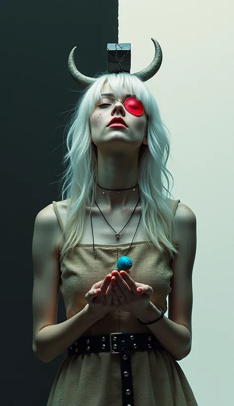   double exposure, background black,   the other half is a white  ,  monochrome ,   woman on her head a cube in cracks  ,   nest with a blue snail  ,   white hair, red eye patch ,  burlap dress ,   leather belt with metal stud, The moon in her hands  