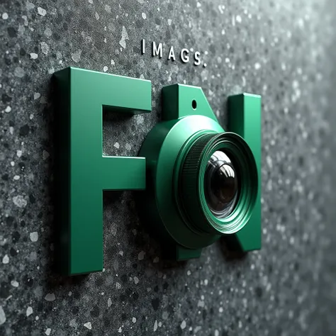 A 2D logo design on a vibrant gray granite wall featuring the initials FN in bold uppercase letters. The slogan IMAGEM is placed above, and the centerpiece is a professional camera symbol rendered in a sleek graphic perspective. The camera is metallic gree...