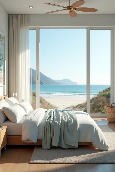 Light blue and white room with king bed, beach site style 