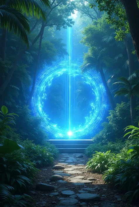 A blue cosmic portal in a dense tropical forest, beautiful  