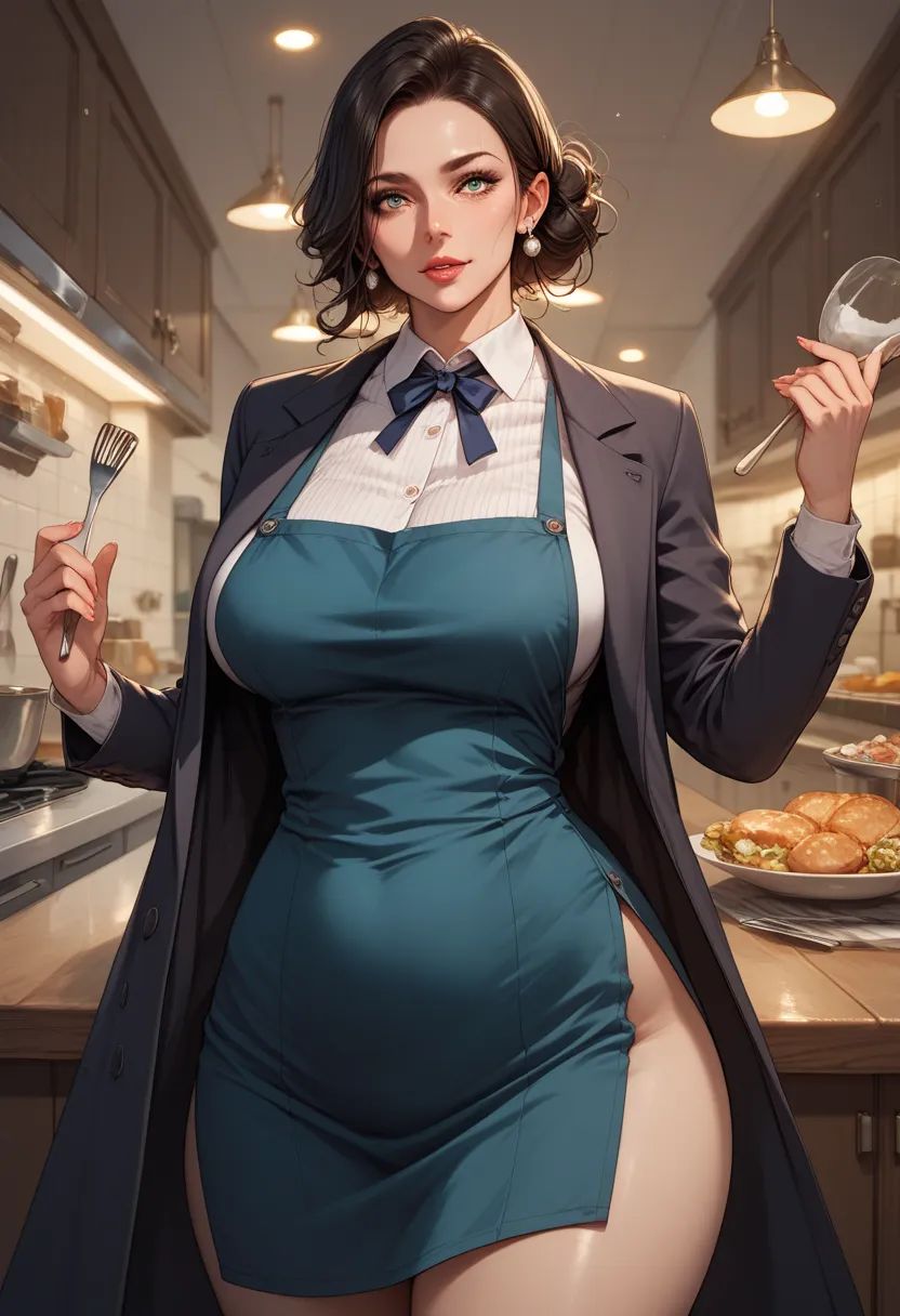 sexy countryside milf, thigh hips, coat, suit dress, apron