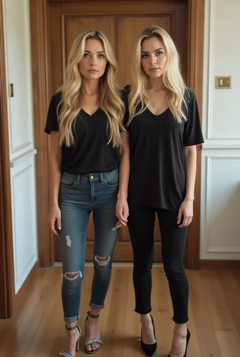 best resolution, 2 heads,  two friends are reunited,  different heads waiting for you , Blonde, eyeliner, 45 years old, cute, flirt, buisnesoutfit mit hose und highheels, Is standing in an empty room , Are there ,