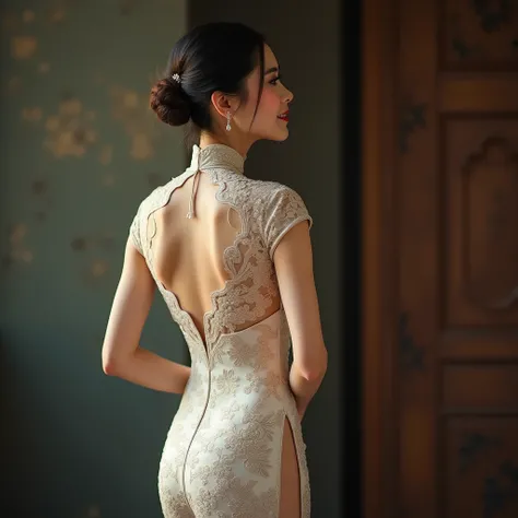 Full body, back view of beautiful lady wearing an intricately qipao with a delicate floral pattern, disclosing her thighs, exuding elegance and poise, a subtle, enigmatic smile playing on her lips, set against a softly blurred, muted background, with a sha...