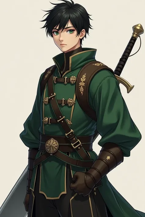 An elegant and strong young-looking adult ,  looking like a former medieval soldier , short black hair and green eyes , light skin,  elegant and strong with a long sword in the scabbard 