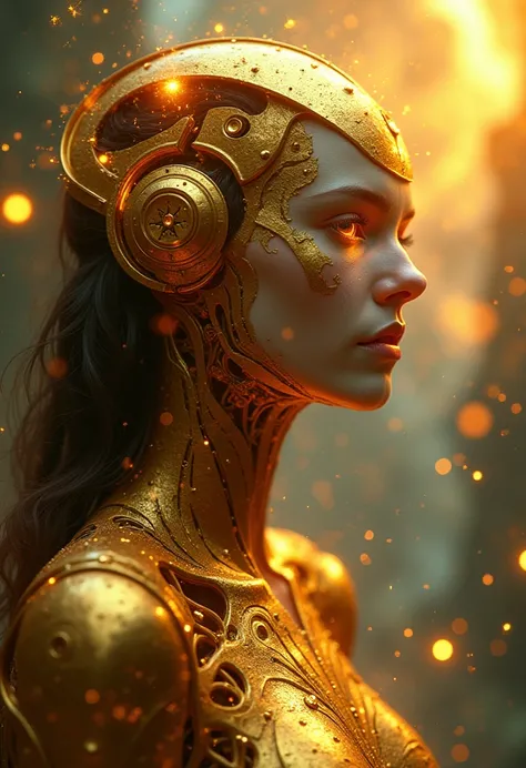 a GOLDEN cosmic goddess , biomechanical, ojos de bright light, unsettling, creepy, de pesadilla,  bright colors,  particles of light , bright light, Mshiv, wallpaper art, (Better quality, 4k, 8K,  High resolution,  masterpiece: 1.2),ultra detailed,(realist...