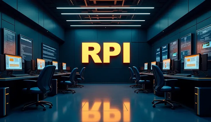 a computer room in blue black gold , there is bold text name rpi restorasi photo Indonesia text" capital font color gold background computer room