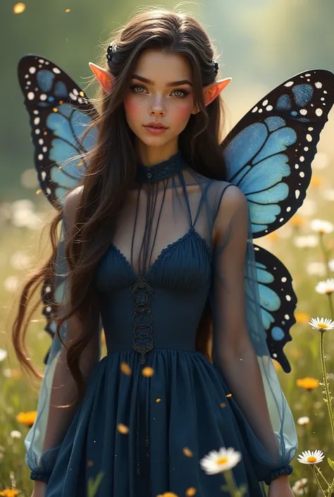 A beautiful adult woman fairy with long flowing dark brown hair and deep brown eyes, she has a small braid on each side of her head, she has pointy elf ears, she has nose blush, she has a closed mouth smile, she has a round face, she has big godlen butterf...