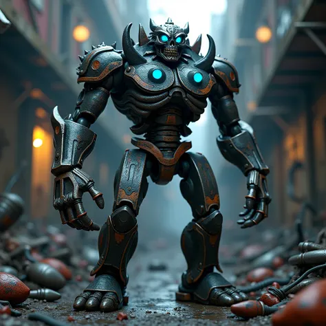 3D rendering, action figure, full body image, long shot, 12 inch size, movable joints, steel demon that lives in a junkyard, bad guy, can control any machine he comes into contact with, a collection of all kinds of junk parts, has a supercharged V8 engine ...