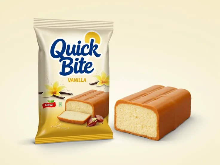 Design packaging for a vanilla sliced bar cake under the brand name Quick Bite. The logo, in blue,  and the product name will be Sliced Cake. The design should be eye-catching to attract young individuals for self-purchase as well as mature buyers shopping...