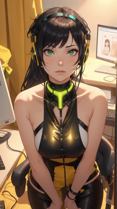 The image is a 3D rendering of a young woman with shoulder-length dark hair styled in a futuristic-looking outfit. She is standing in a room with a desk and a computer monitor in the background. The woman is wearing a black and yellow outfit with a unique ...