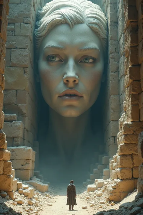 A colossal figure of a female face stands at the center of ancient ruins,  rising above a solitary traveler ,  short white hair as she contemplates her majestic presence.  The focus is on the face of the figure . fear. shot with a cannon —air 4 :5